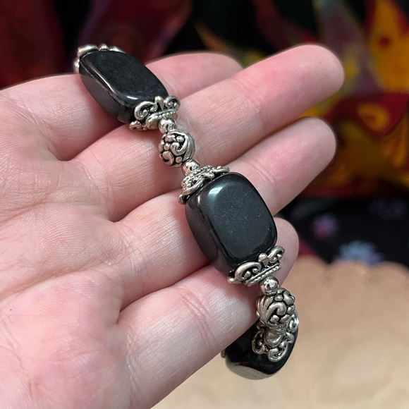 VTG Y2K Boho Large Black Onyx Stone Beaded Silver Tone Metal Stretchy Bracelet - Picture 5 of 5